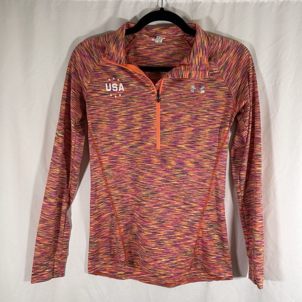Under Armour USA Jacket Women's Small Orange 1/2 Zip Lightweight Pullover